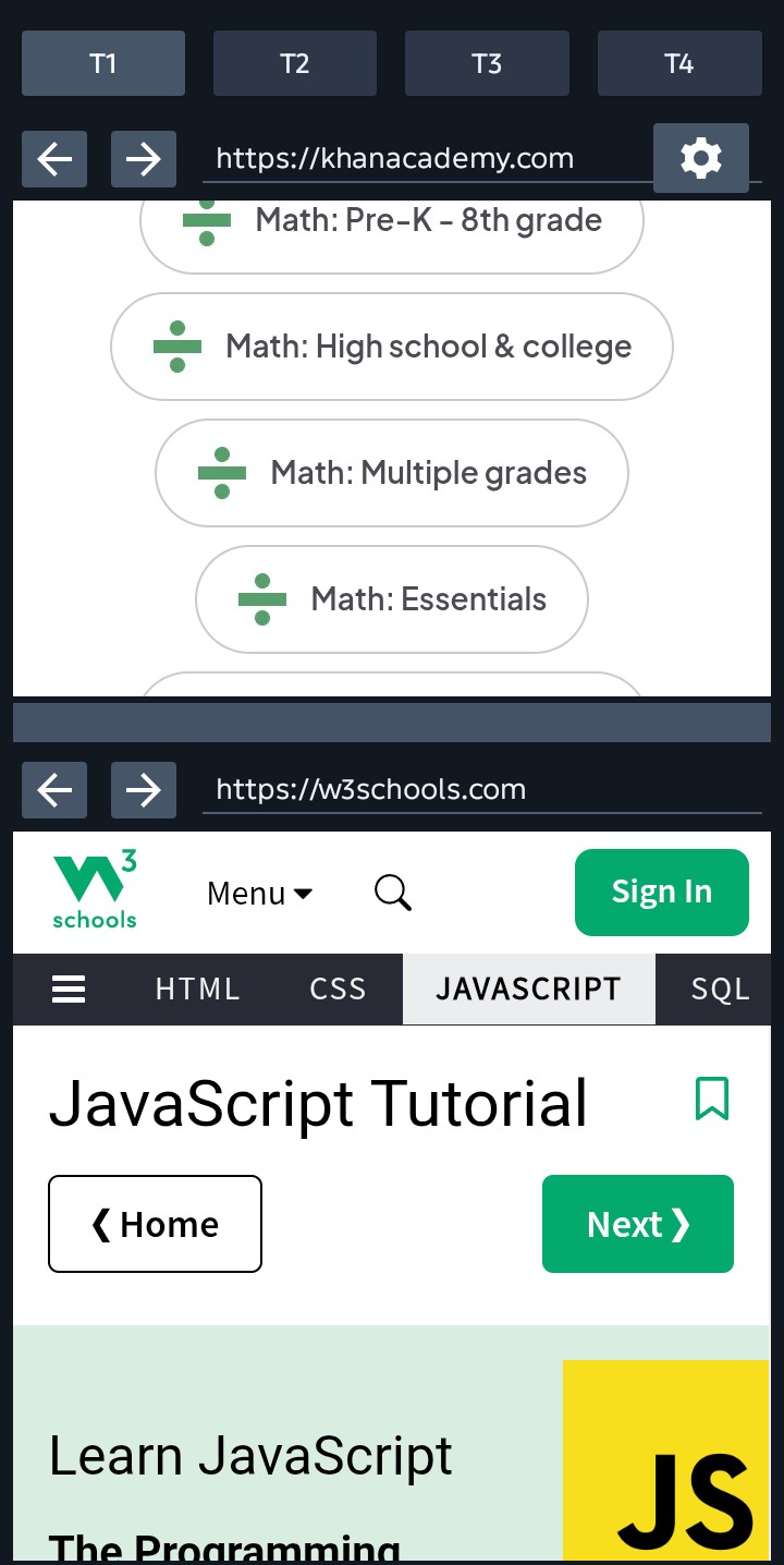 Split Dual Browser Tab 1 showing Khan Academy and W3Schools