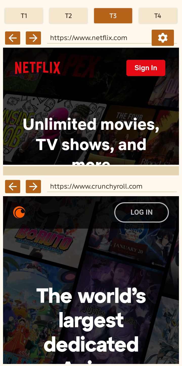Split Dual Browser Tab 3 showing Netflix and Crunchyroll